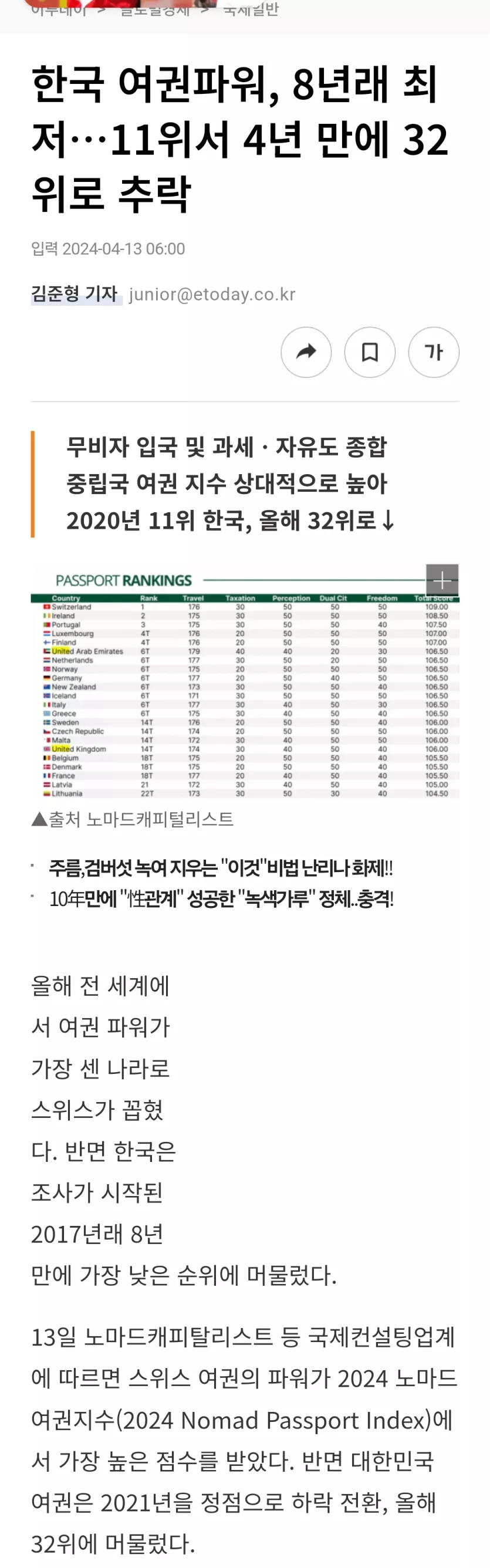 한국 여권파워 8년래 최저11위서 4년 만에 32위로 추락 자유게시판 다모앙 Damoang 4507